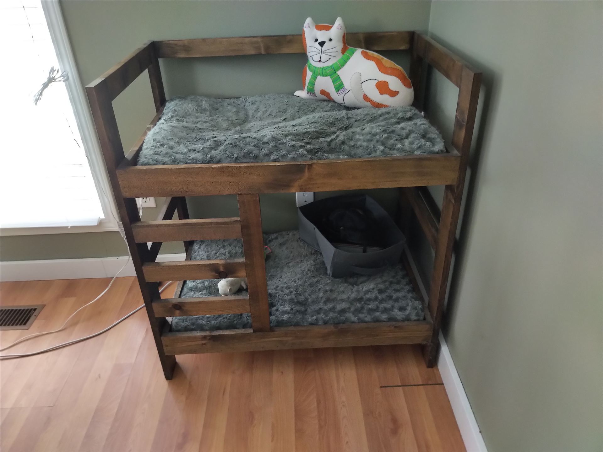 Stained pine cat bunk bed with cushions and ladder